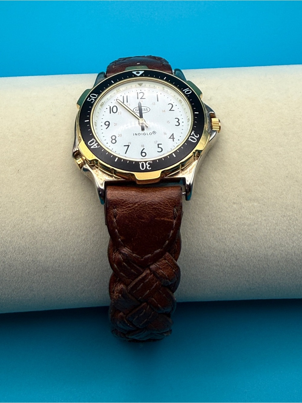 GUESS Indigo Watch Two-Tone Gold Silver Bezel Leather Band, New Battery
